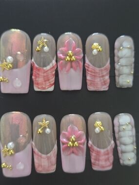 Hand Crafted Pink Floral 3D & Gold Accent Press-On Nails